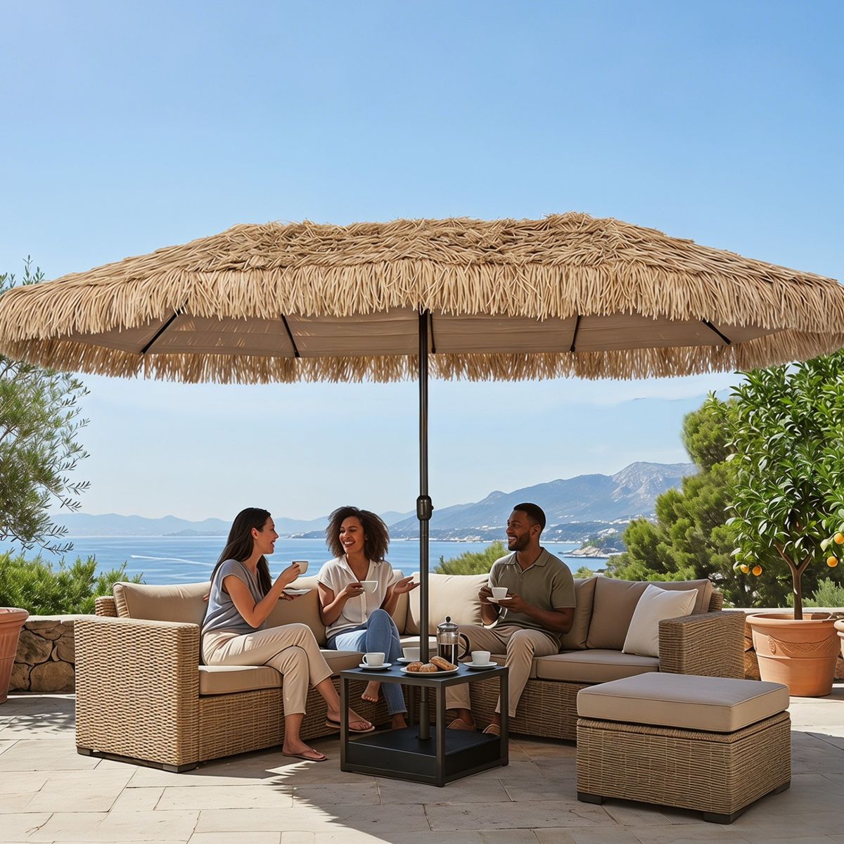 Parasol double en paille Coast - style hawaïen tropical - sans lampe, sans pied de parasol - 450 x 270 cm - couleur naturelle