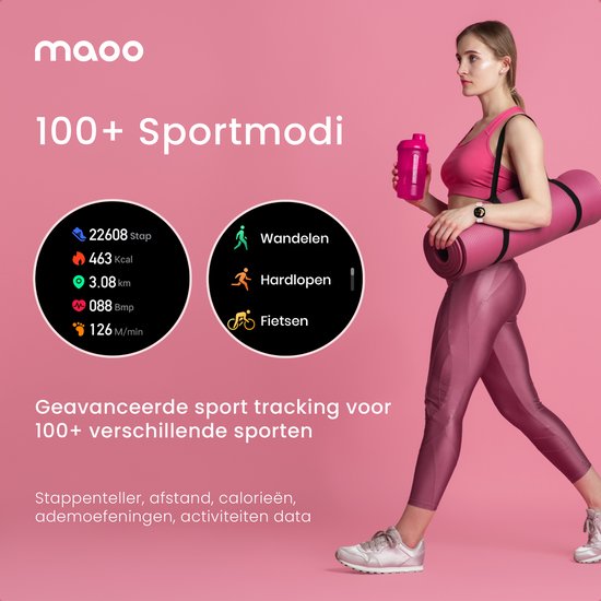 Maoo Ventura AMOLED Smartwatch Ladies - Acier inoxydable et bracelet en silicone 3x - Podomètre - Moniteur de fréquence cardiaque - Moniteur de sommeil - Multisport - Convient à Android et iOS - Rose Gold et Pink