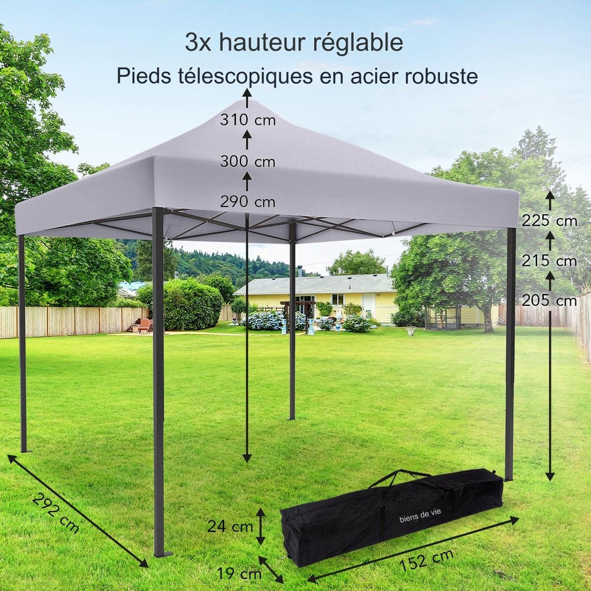 Tente de réception LifeGoods - Barnum- 3x3 m - Facile à monter - Pliable - Imperméable - Sac de transport à roulettes - Gris foncé