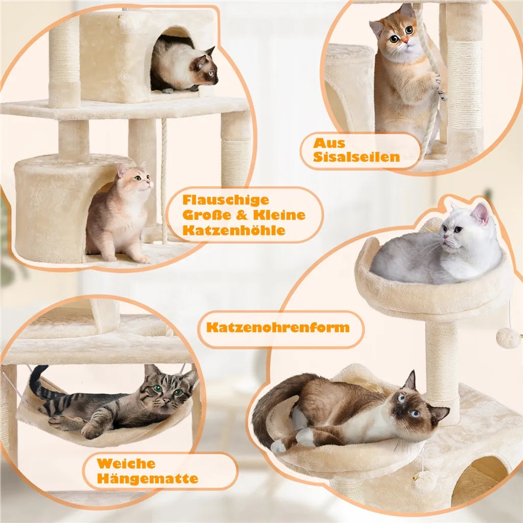 Yaheetech Scratch Post Beige - 158 cm de haut - Avec 2 plateformes, 2 maisons pour chats et 5 griffoirs en sisal