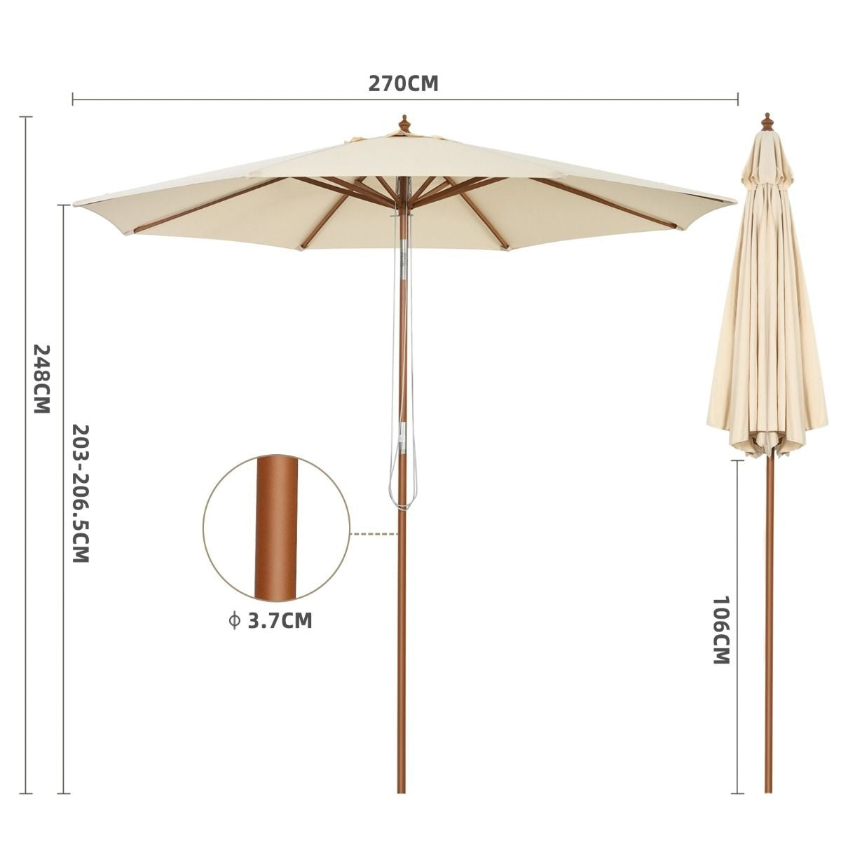 Parasol Coast avec 8 poteaux inclinables - Beige - 300 cm