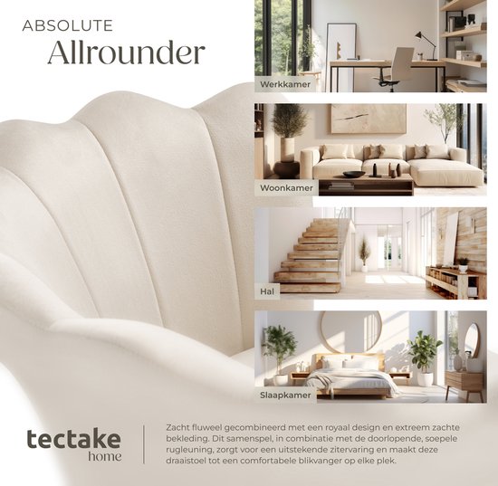 tectake® Chaise de bureau - Chaise pivotante réglable en hauteur avec revêtement en velours - Coque ergonomique - Chaise à roulettes - Chaise de salle à manger sur roulettes - Pivotant à 360° - Chaise de bureau - Blanc