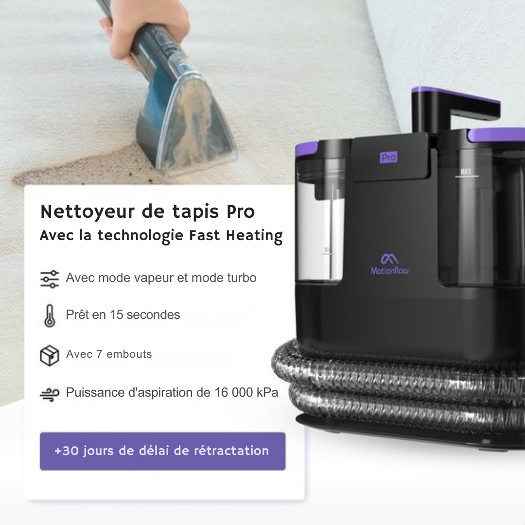 Nettoyeur de tapis PRO Motionflow - Nettoyage en profondeur avec fonction vapeur jusqu'à 100°C - Puissant nettoyeur de taches 1700W - Nettoyage pour sol, canapé, salle de bain et tapis - Produit nettoyant - Noir