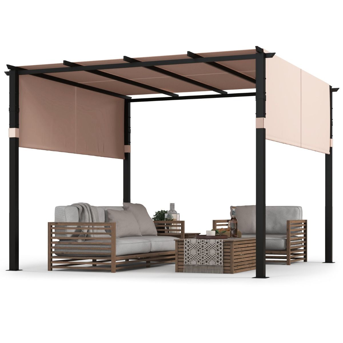 Coast - Pavillon pour barbecue / Pergola - Toit plat, auvent rétractable et 2 moustiquaires latérales - 305 x 305 cm - Métal/Polyester - Beige