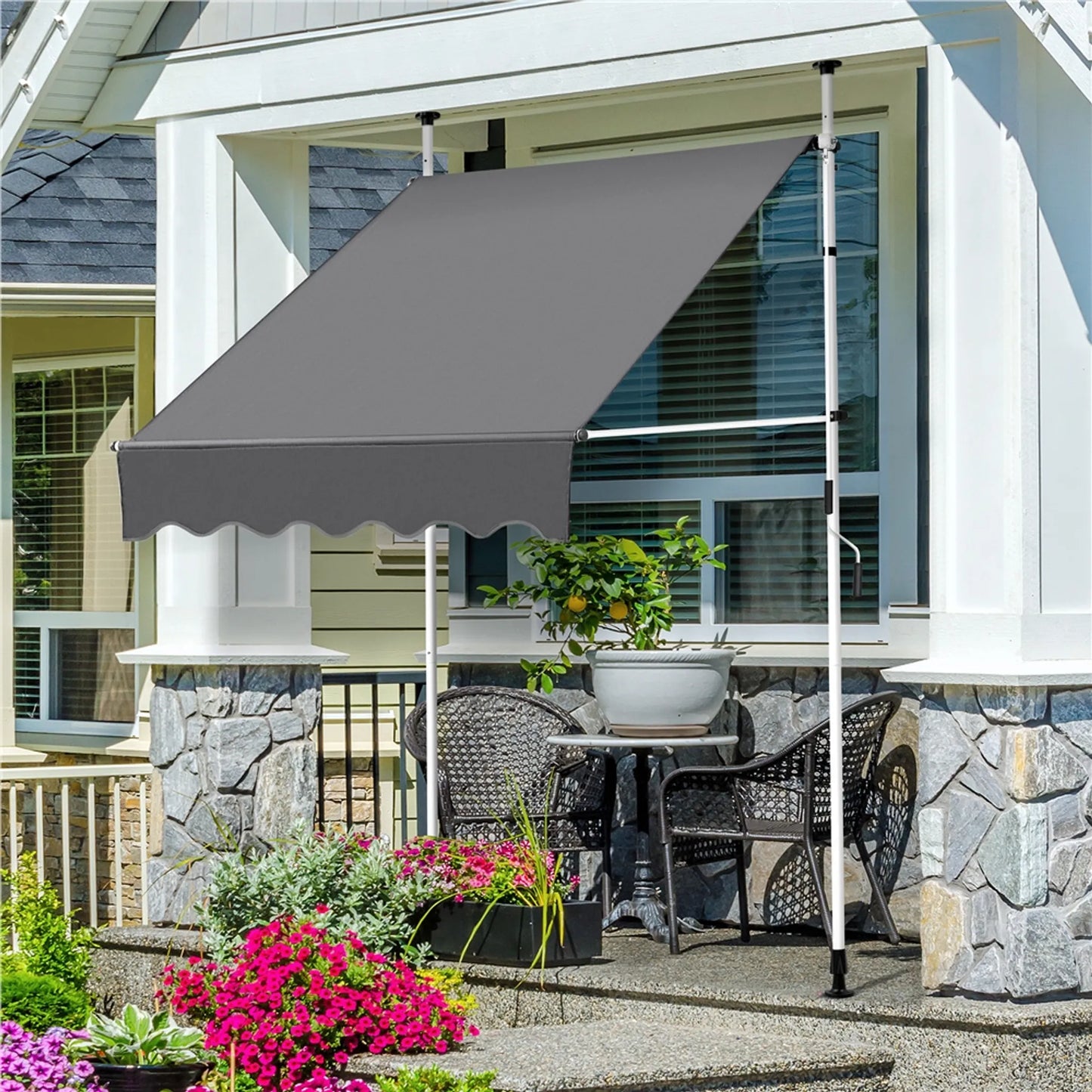 Yaheetech Clamp Sunshade With Hand Crank - With Height Adjustable Telescopic Rods And Water Repellent Cloth And Protective Feet - For Balcony And Terrace - Dark Grey Polyester And Metal - 150 x 180 x 210-300 cm