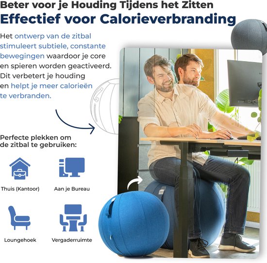 Ballon de siège Backerz 65 cm - Ballons de siège avec housse en lin - Chaise de bureau ergonomique pour le bureau et la maison - Ballon de yoga de luxe - Bleu clair