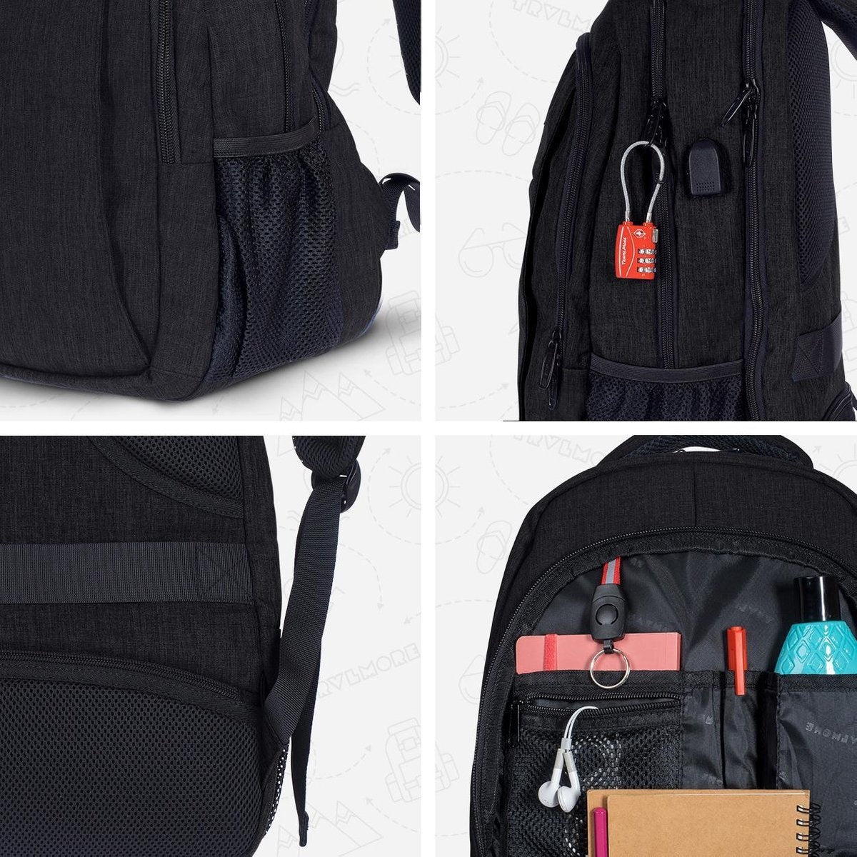 TRVLMORE Sac à dos - 36L - 17.3 inch - Sac à dos pour ordinateur portable - Sac d'école - Unisex - Splashproof Black