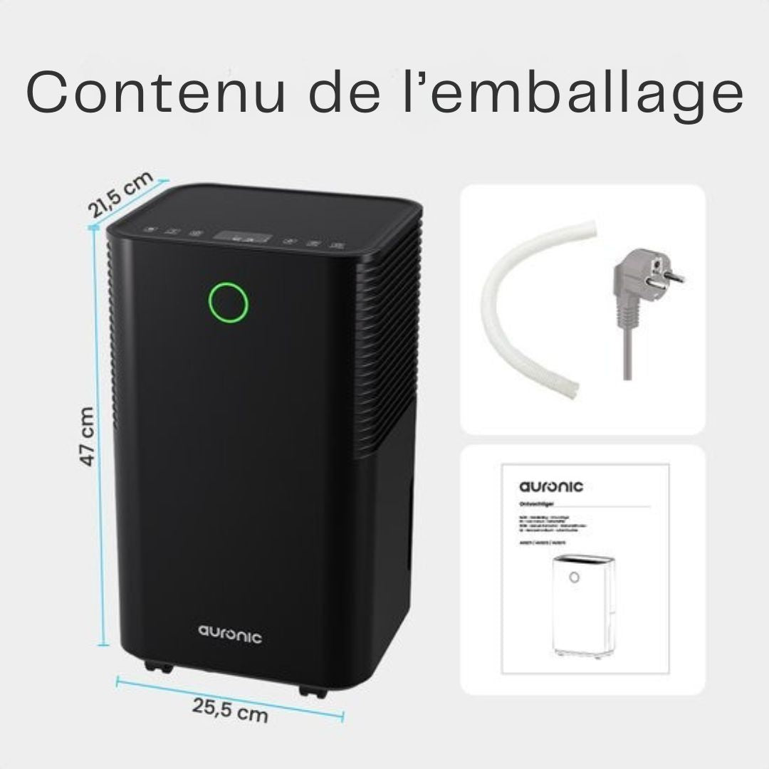 Déshumidificateur Auronic - Série compacte - 12L par jour - Fonction Lavage-Séchage - Chambre à coucher, Salle de bain et Salon - Élimination de l'humidité pour la maison - Noir