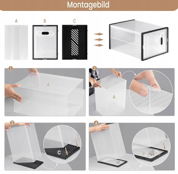 WOLTU Meuble à chaussures transparent noir - Lot de 12 boîtes empilables 35 x 25 x 19 cm