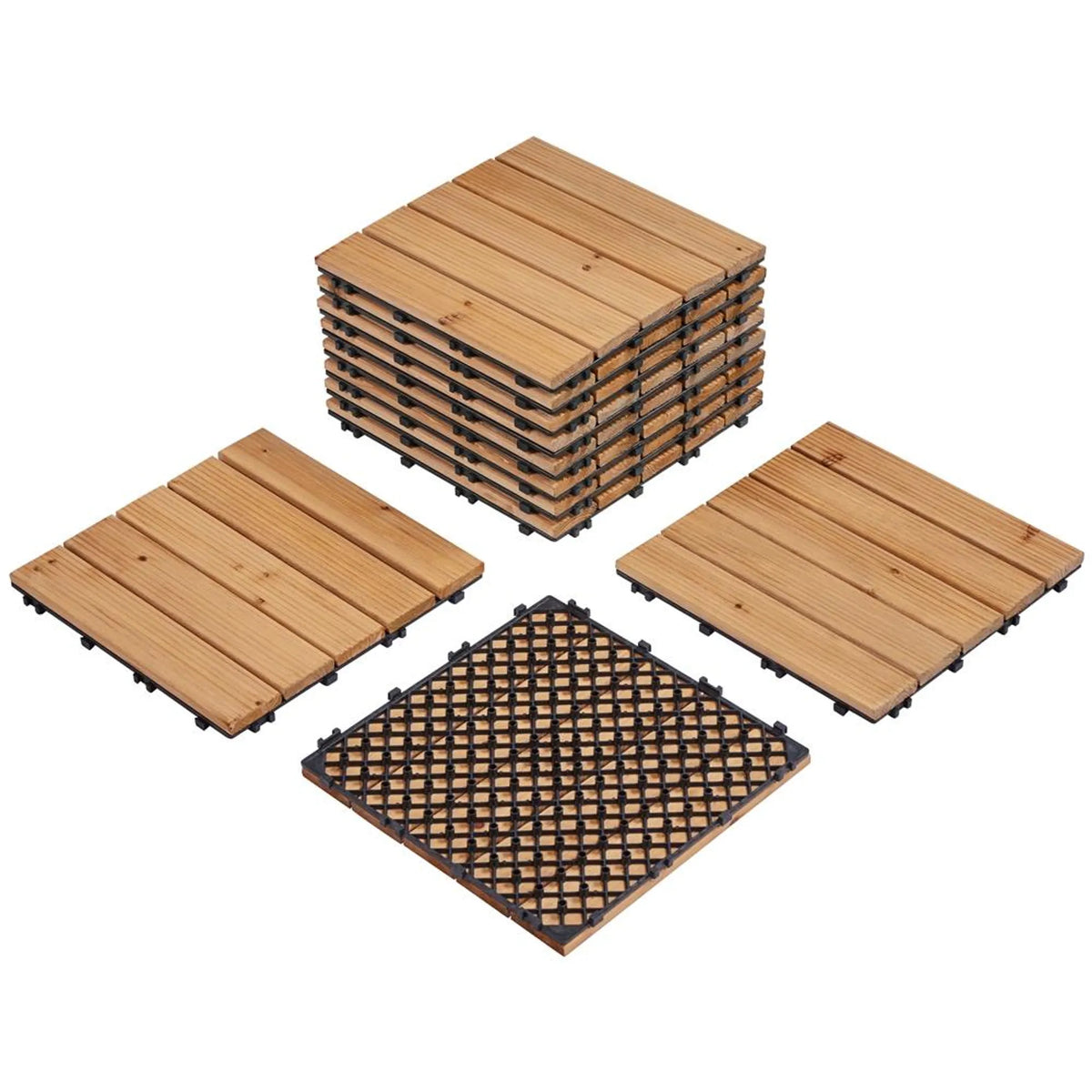 Yaheetech Dalles emboîtables en bois, lot de 11 pièces – 1 m² – Dotées de rainures parallèles, d'un système de drainage surélevé et d'un système d'emboîtage simple – Pour balcons, terrasses et piscines – Bois de sapin naturel et PP – 30 x 30 x 2,2 cm