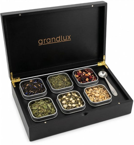 Boîte à thé Grandlux à 6 compartiments – Boîte à thé pour thé en vrac – Cuillère en acier inoxydable – 100 % bambou certifié FSC – 6 boîtes à thé – Organiseur à thé – Boîte à thé – Noir