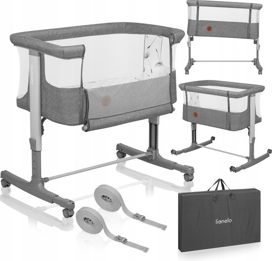 Lionelo Aurora 3-en-1 Co-sleeper - Lit bébé jusqu'à 9 kg - Lit évolutif - 4 roulettes avec frein - Lit de camping – Hauteur réglable – Tissu respirant – Matelas et sac de transport inclus – Revêtement amovible