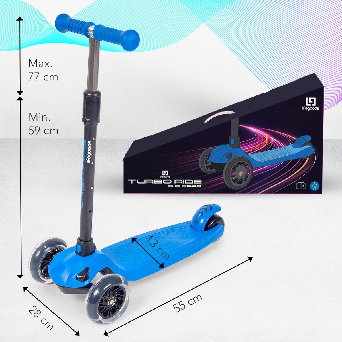 LifeGoods Scooter enfant TurboRide - Étape 5-8 ans - 3 roues lumineuses - Garçons/Filles - Bleu