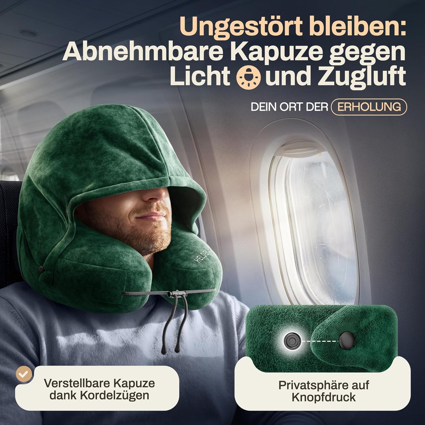 Oreiller cervical Heldenwerk® Premium Air – ErgoRing – Gonflable – Avec capuche et bouchons d'oreille