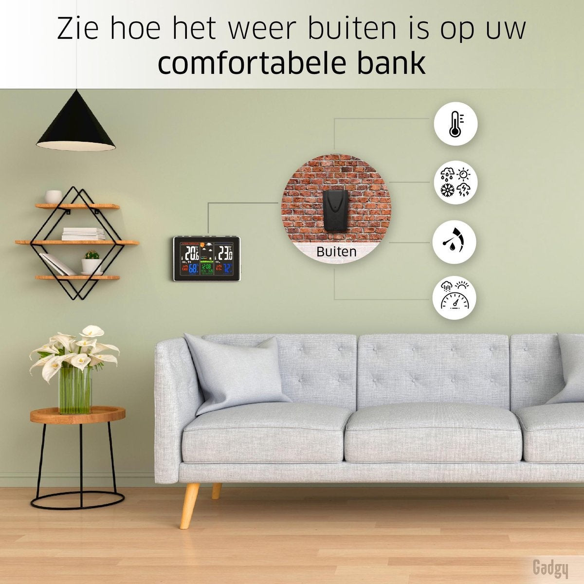 Gadgy Weerstation binnen en buiten - Draadloos weerstation met Buitensensor - Waterdichte buitenunit - Digitaal Weerbericht
