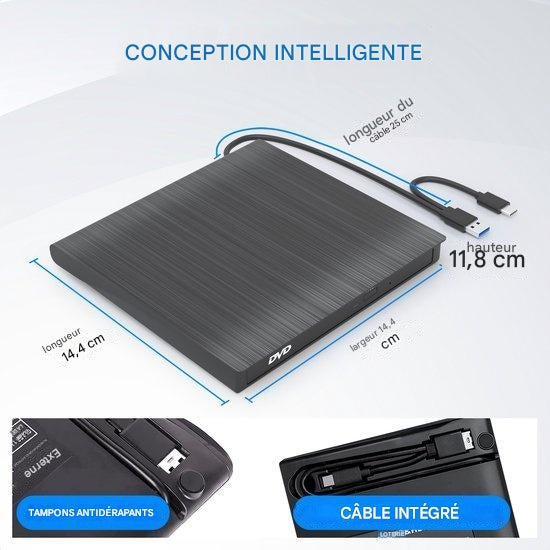 Lecteur DVD Externe avec Graveur Strex, CD/DVD, Plug & Play, USB 3.0 DVD Player, noir