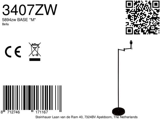 Lampadaire Bella 3407ZW - Noir avec bras pivotant, rabattable et interrupteur à tirette - Mexlite - Design intemporel alliant plastique, métal et composants électroniques, hauteur 135 cm, portée 45 cm