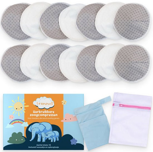Coussinets d'allaitement Frummel - Coussinets d'allaitement lavables - Antidérapants - Réutilisables - Avec sac de transport et sac de lavage - 14 pièces - Gris/Blanc