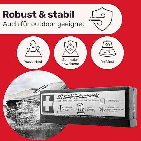Car combi bag (3 en 1) selon la norme actuelle 2026 - y compris triangle de signalisation, gilet de sécurité - kit de premiers secours triangle de signalisation kit de premiers secours pour voiture DIN 13164:2022 (conformément au code de la route allemand