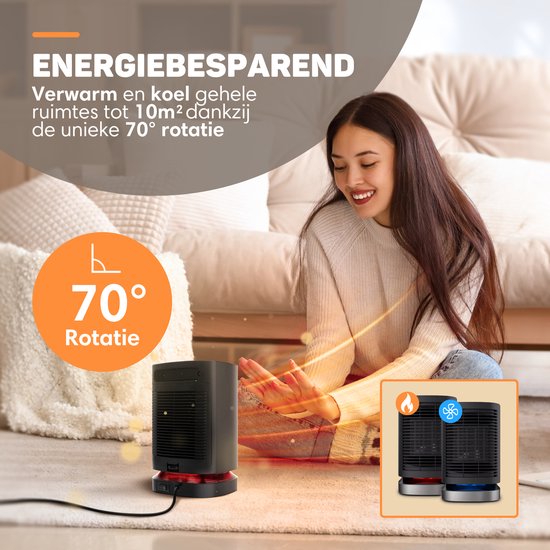 Vulpes Goods® Tech - Radiateur électrique - Chauffage électrique pour l'intérieur - Radiateur à ventilateur - Radiateur céramique - 3 niveaux - 950W - Indication LED - Rotatif - Noir - Version PRO