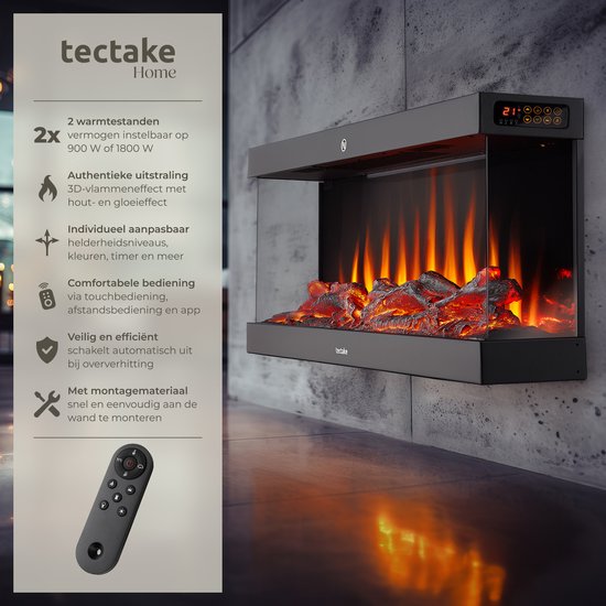 tectake® Wall Fireplace - Cheminée électrique - Atmosphere Fireplace - 900W & 1800W - contrôlé par télécommande ou application - avec thermostat - Poêle - avec chauffage - cheminées - avec effets de bois et de lueur - flammes 3D - minuterie - 9 options de