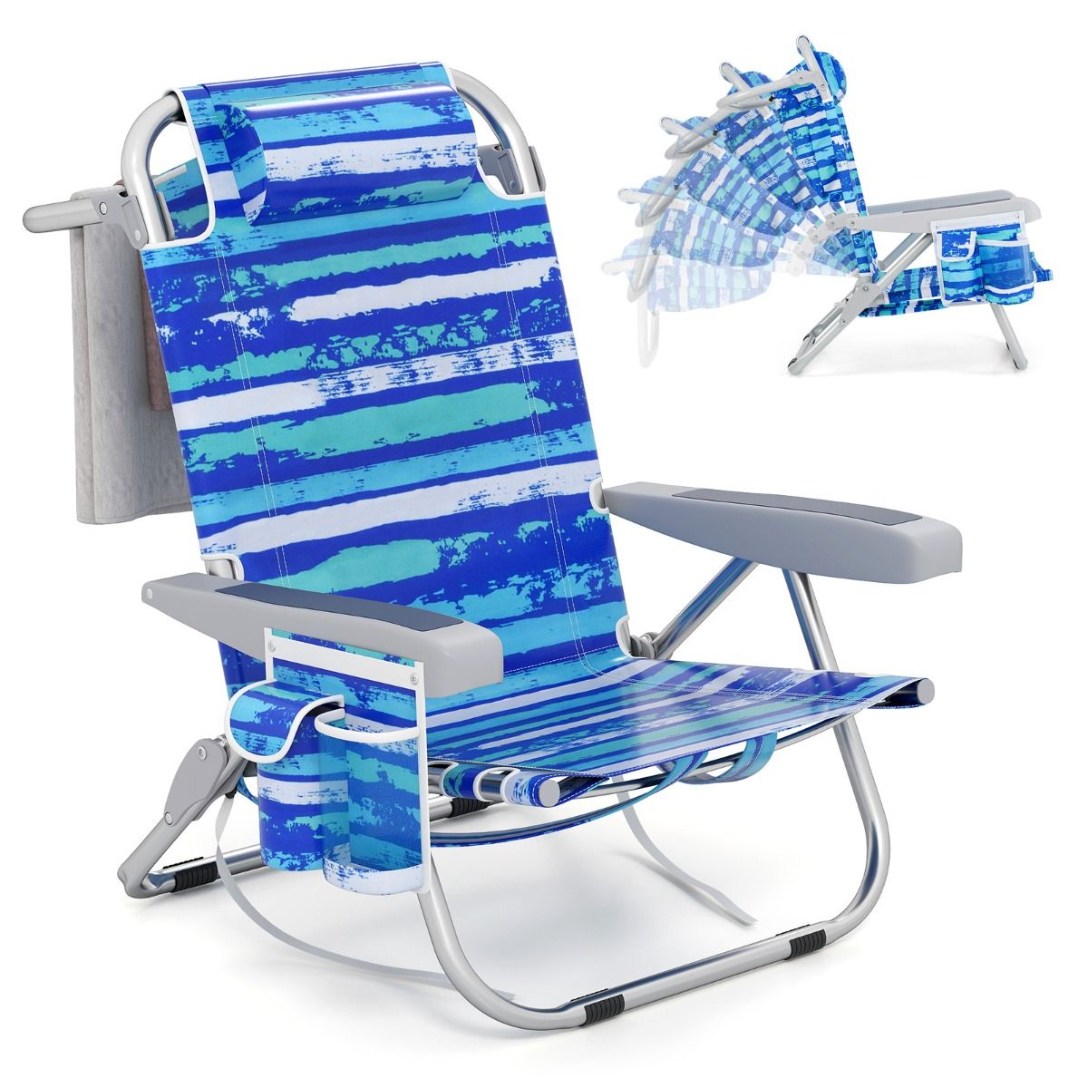 Chaise de plage pliable - Bleu marine - 5 positions d'inclinaison - 150 kg - Avec porte-gobelet et compartiments de rangement