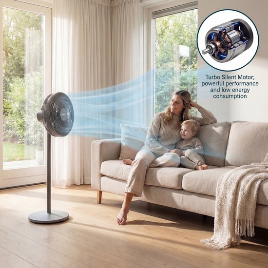 Ventilateur sur pied Princess DC – Ultra silencieux - ⌀44 cm – 12 vitesses – Oscillation – Minuterie 1 à 8 heures – Avec télécommande – 30 W – Gris - 354822