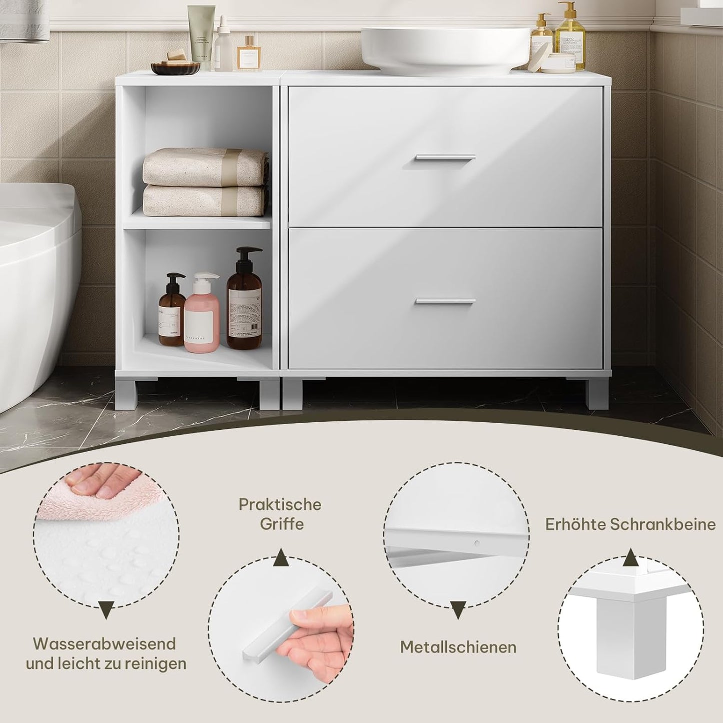 eSituro SBP0098 meuble bas pour lavabo meuble de salle de bain - blanc - 2 grands tiroirs - meuble latéral pouvant être placé à gauche ou à droite