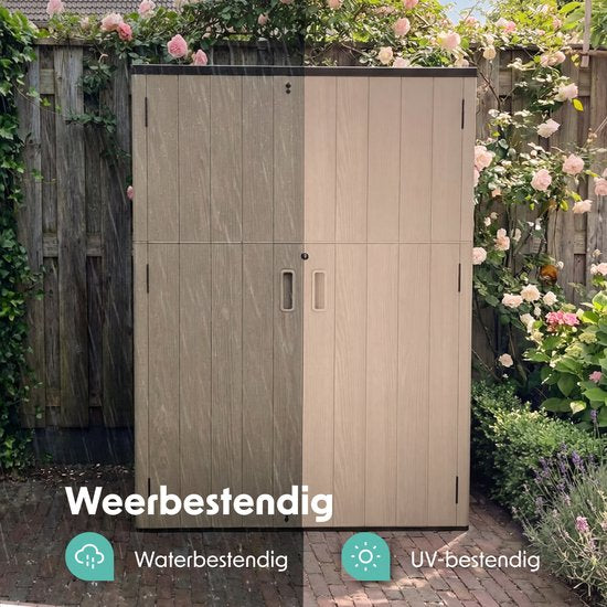 LifeGoods Garden Cabinet Vertical - 1340L - Armoire de rangement - Résistant à l'eau et aux UV - Coffre de jardin - Taupe