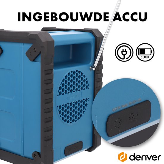 Denver Construction Radio DAB - Bluetooth - avec batterie - AUX - FM - USB-C - résistant aux éclaboussures - WRD60