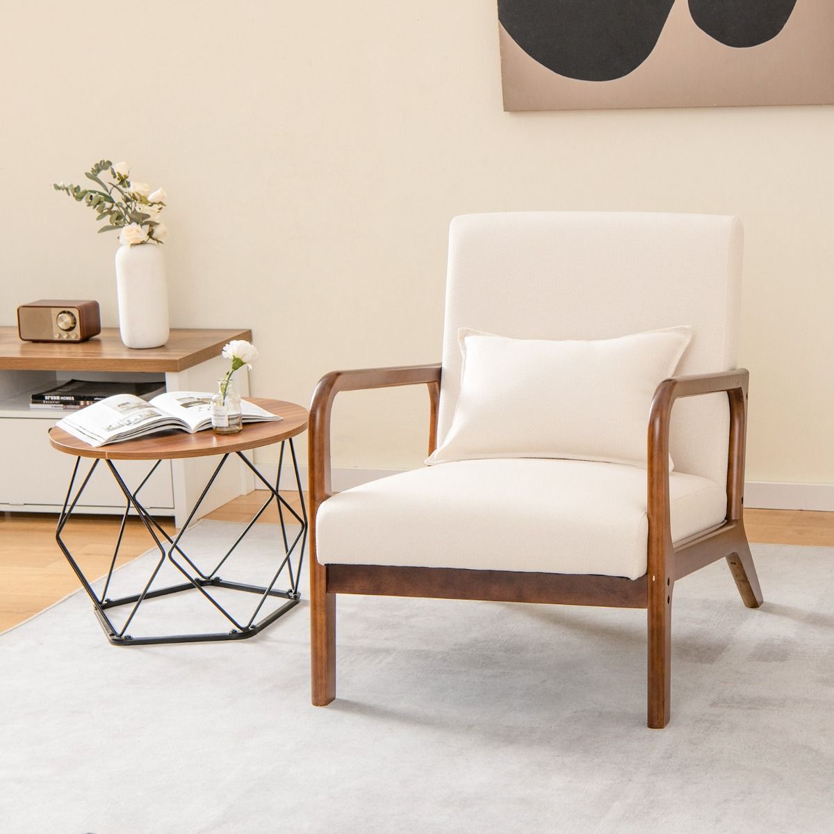 Coast Armchair Chaise longue tapissée avec accoudoirs, bois d'hévéa, beige, 65 x 79 x 77 cm