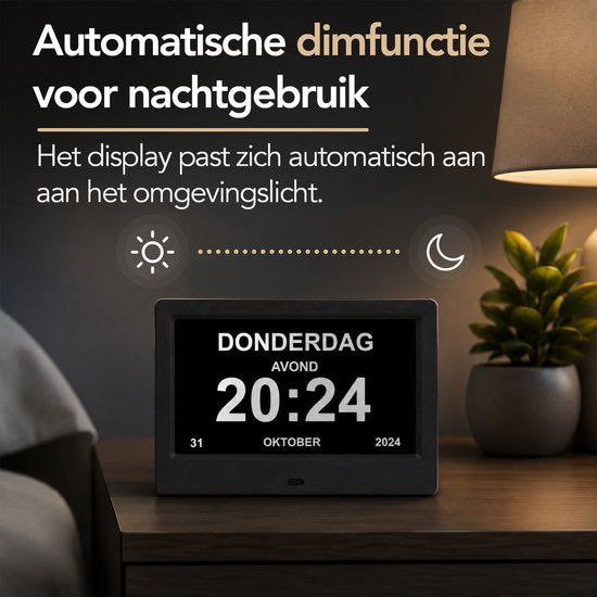 Horloge Brixy pour personnes atteintes de démence XXL - 24 fonctions d'alarme - Télécommande incluse - Fonction de gradation automatique - Horloge-calendrier - Noir