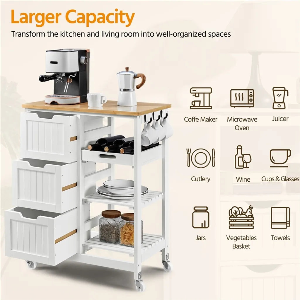 Chariot de cuisine Yaheetech sur roulettes – Blanc/Bambou – 67 x 37 x 84,5 cm – Avec 3 tiroirs et 3 étagères