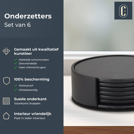 Castagnola Sous-verres en faux cuir - Sous-verres pour verres - Sous-verres design avec support - Sous-verres en cuir - Cuir - Lot de 6 - Noir