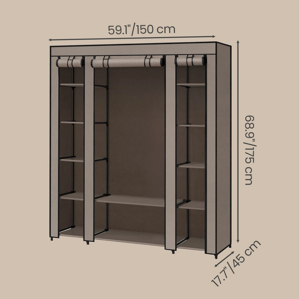 Armoire Ochama, armoire portable pour chambre, penderie avec housse en tissu, rangement pour vêtements, 150 x 45 x 175 cm, taupe