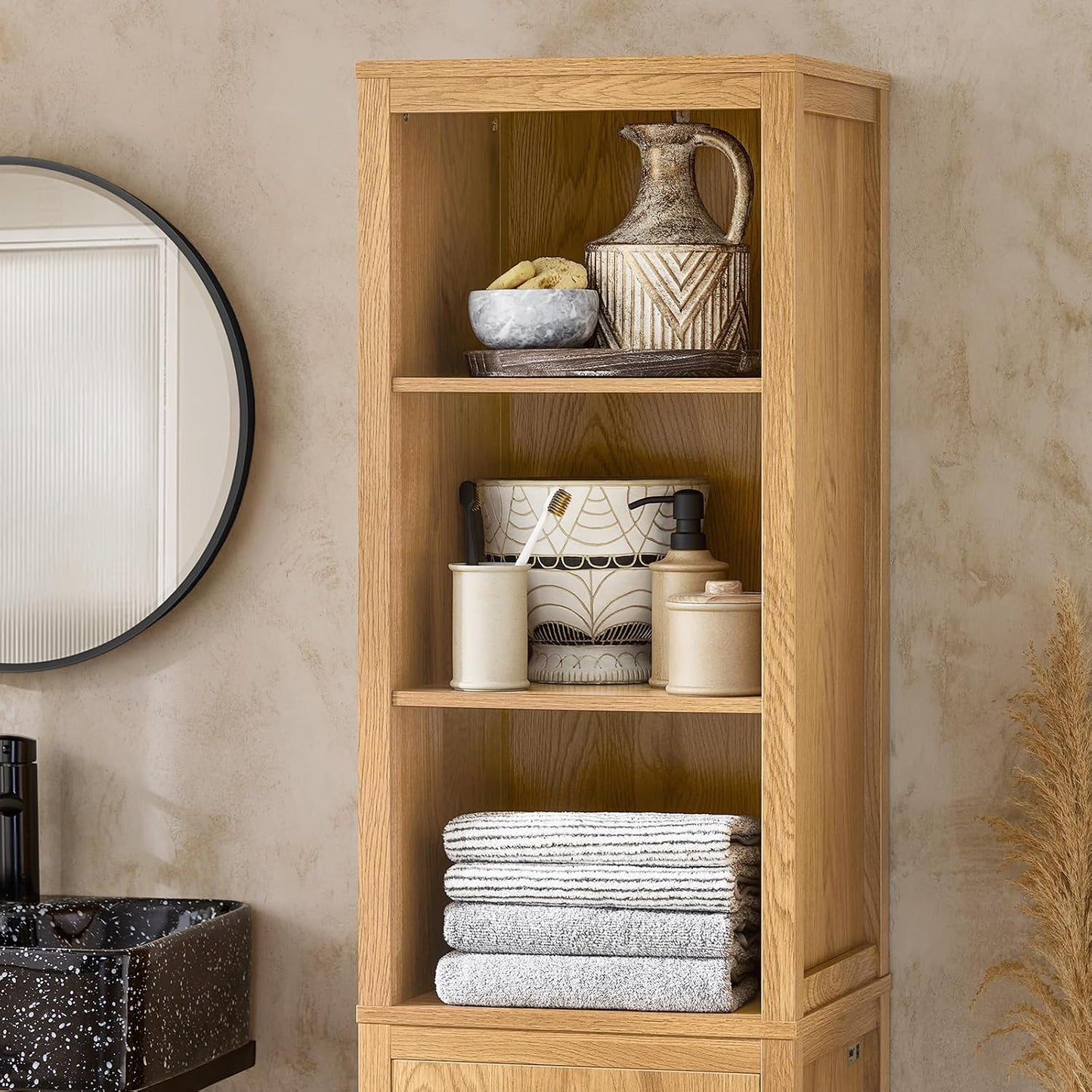 Armoire de salle de bain haute SoBuy avec panier à linge et 3 étagères - Fixation murale - Bois - 40 x 35 x 173 cm