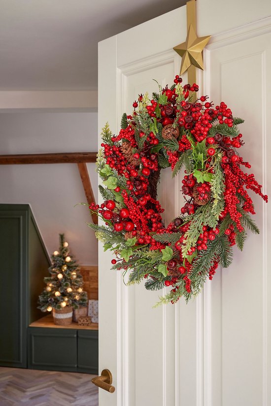 Mica Decorations Norah : couronne de Noël avec des pommes de pin - Décoration de Noël au style traditionnel - Couronne de porte pour le hall d'entrée ou la porte d'entrée - H 13 x Ø 50 cm - Rouge et vert