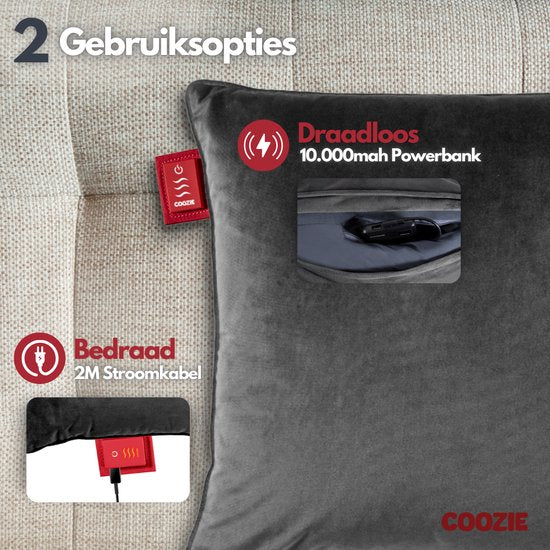 Coozie Heat Pillow Grey Velvet - Rechargeable électriquement - Oreiller chauffant sans fil - 45 x 45 cm