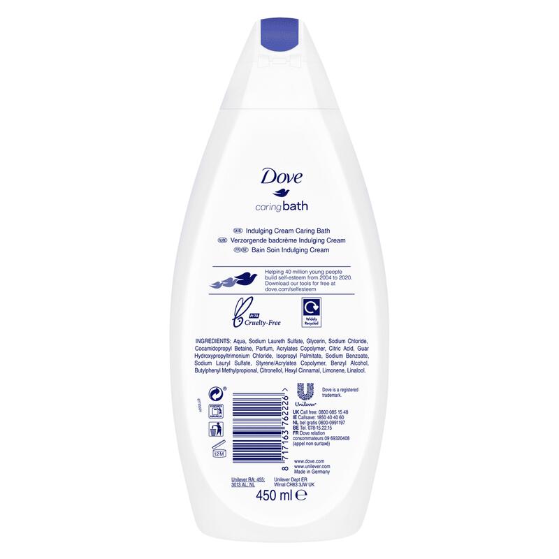 Crème de bain Dove Caring Bath Indulging Cream - 450 ml - Mousse de bain hydratante contenant ¼ de crème nourrissante - Pour une peau douce et souple