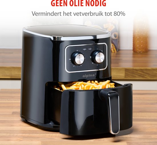 alpina Airfryer 4.5L- Friteuse à air chaud pour 3 à 4 personnes - Friteuse à air avec température réglable de 80°C à 200°C - Minuterie jusqu'à 60 minutes - Friteuse à air chaud 1450W - Noir