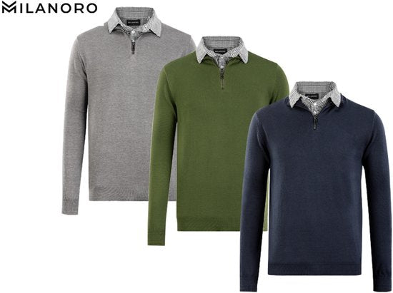 Milanoro - Pull pour homme avec col chemise et demi-fermeture éclair - Marine - XXL
