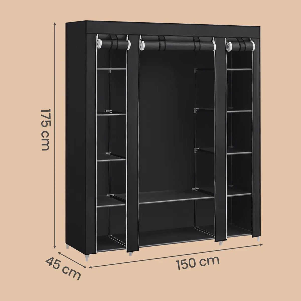Armoire JOYFURNOS 150 x 45 x 175 cm - Noir - 12 étagères et tringle à vêtements - Rangement pour vêtements en tissu
