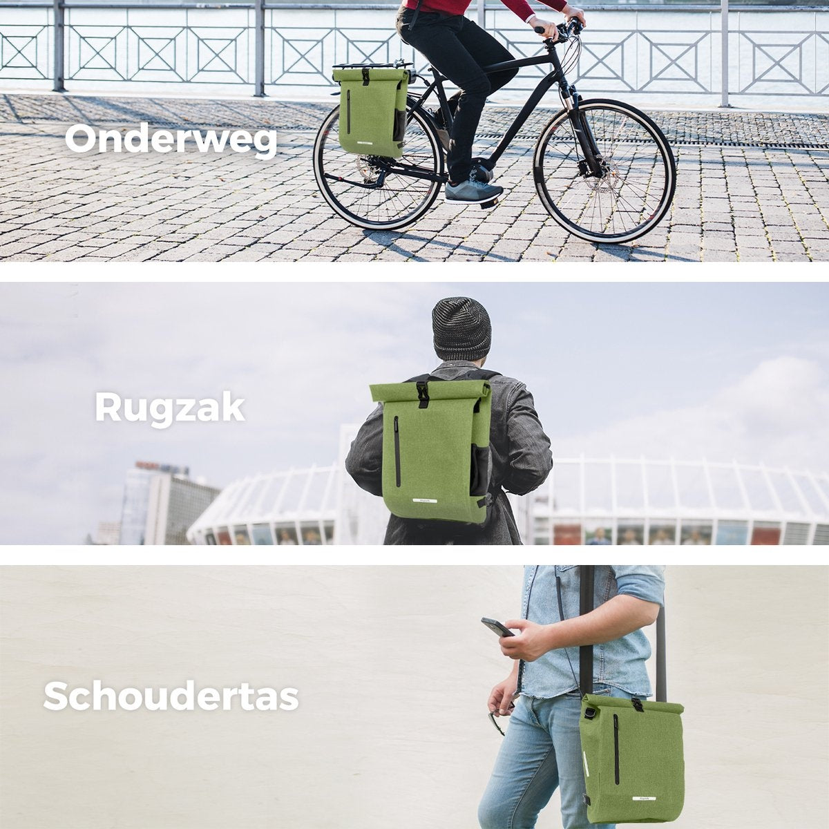 LifeGoods Single Bicycle Bag - Compact - Sac à bandoulière et sac à dos - 25L - Porte-bagages ronds - Imperméable - Vert olive