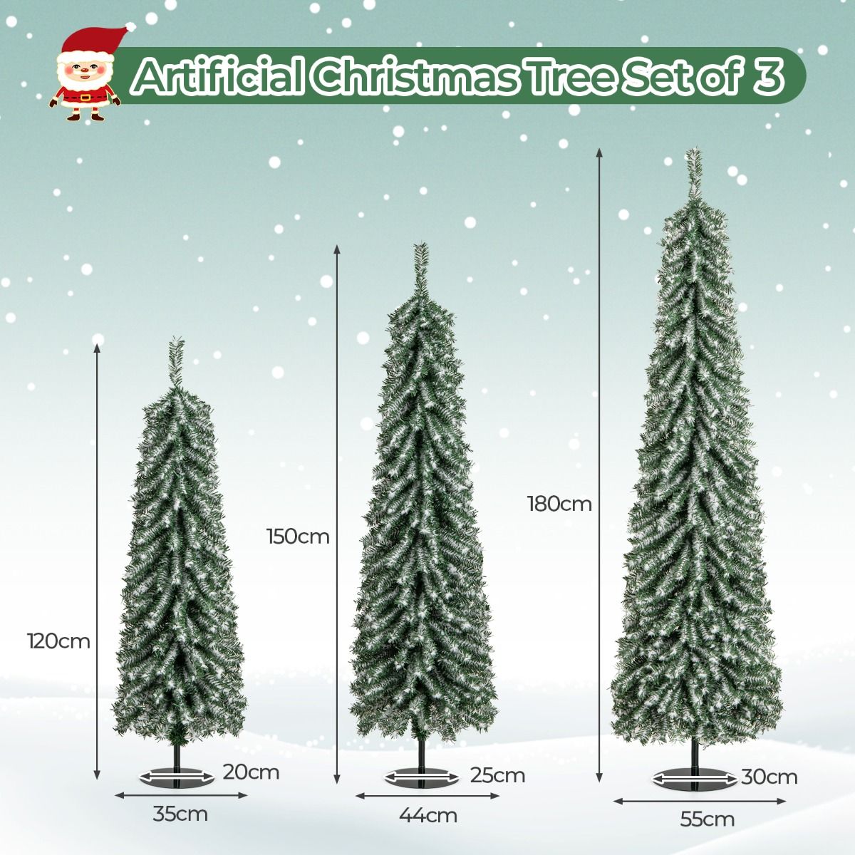 Lot d'arbres de Noël artificiels Coast - en forme de crayon - avec neige artificielle et éclairage LED - 120/150/180 cm