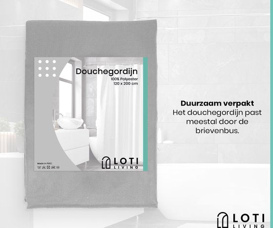 Loti Living Rideau de douche anti-moisissure - Gris - Anneaux inclus - Imperméable - Polyester - Rideau de douche 120x200 cm