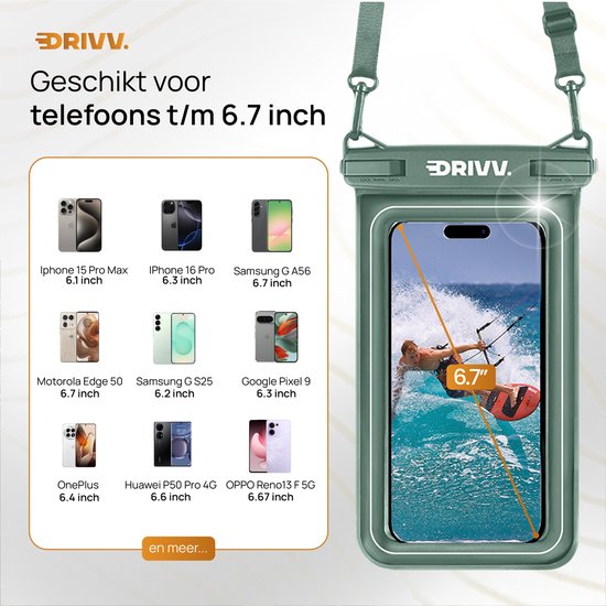 Drivv. Étui étanche de luxe pour téléphone portable - flottant - fermeture à double clip - téléphones jusqu'à 6,8 pouces - étui étanche pour téléphone portable - vert armée