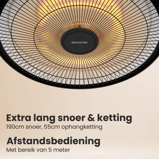 Auronic Terrace Heater - Chauffage infrarouge - Suspendu - 10m2 - Electrique - 1500W - Télécommande - Noir