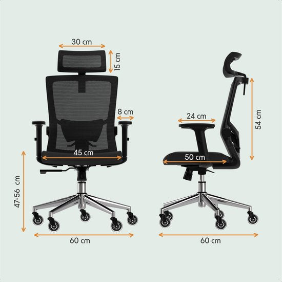 LifeGoods Chaise de bureau ergonomique - avec roulettes anti-rayures supplémentaires - Chaise de bureau - certifiée NEN et SGS - Adultes - Appui-tête - Noir/Chrome