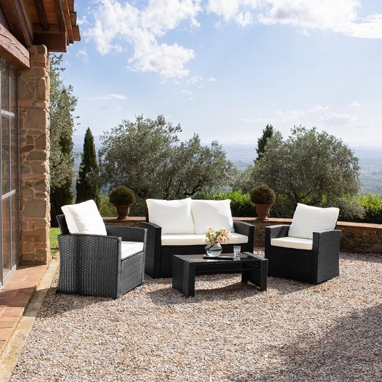tectake® - Salon en osier set de jardin set de salon Lucca - canapé/2 chaises/table avec plateau en verre - couleur naturelle - 404916 - poly-rattan
