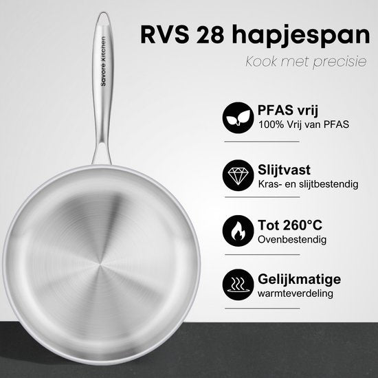 Poêle Savoré Kitchen 28 cm avec couvercle – Compatible induction – Poêle à sauter en acier inoxydable – Sans PFAS